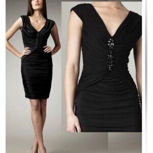 Tadashi Shoji ruched embellished sheath dress black cocktail  sz M